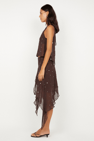 Arielle Asym Skirt Dark Chocolate Sequin by Bec + Bridge, shimmering midi with asymmetric hem. Perfect for cocktails, galas, and glam nights.