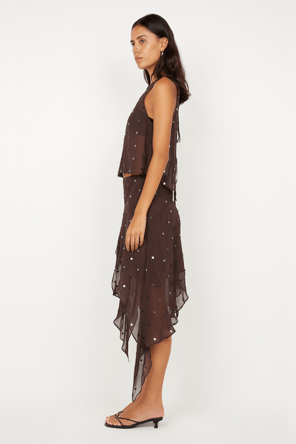 Arielle Asym Skirt Dark Chocolate Sequin by Bec + Bridge, shimmering midi with asymmetric hem. Perfect for cocktails, galas, and glam nights.