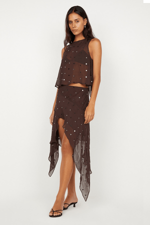 Arielle Asym Skirt Dark Chocolate Sequin by Bec + Bridge, shimmering midi with asymmetric hem. Perfect for cocktails, galas, and glam nights.