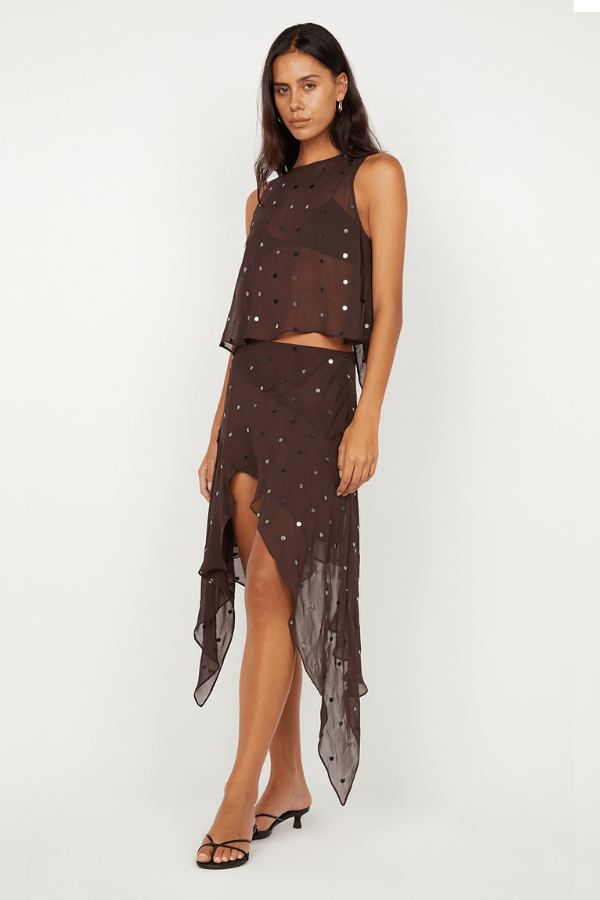 Arielle Asym Skirt Dark Chocolate Sequin by Bec + Bridge, shimmering midi with asymmetric hem. Perfect for cocktails, galas, and glam nights.