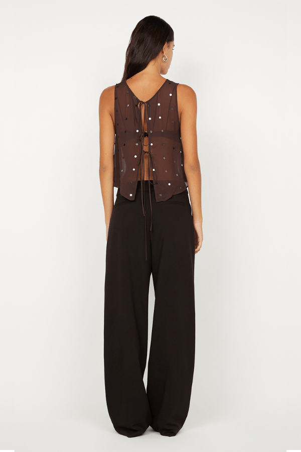 Arielle Shell Top Dark Chocolate by Bec + Bridge, a sheer sequin georgette reversible top with ties. Perfect for layering with evening looks.