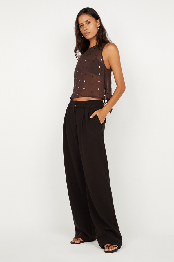 Arielle Shell Top Dark Chocolate by Bec + Bridge, a sheer sequin georgette reversible top with ties. Perfect for layering with evening looks.