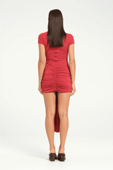 Astrid Mini Dress Scarlet by Benni, figure-skimming silhouette with side ruching, center-front sash, and high-stretch jersey for a flattering fit.