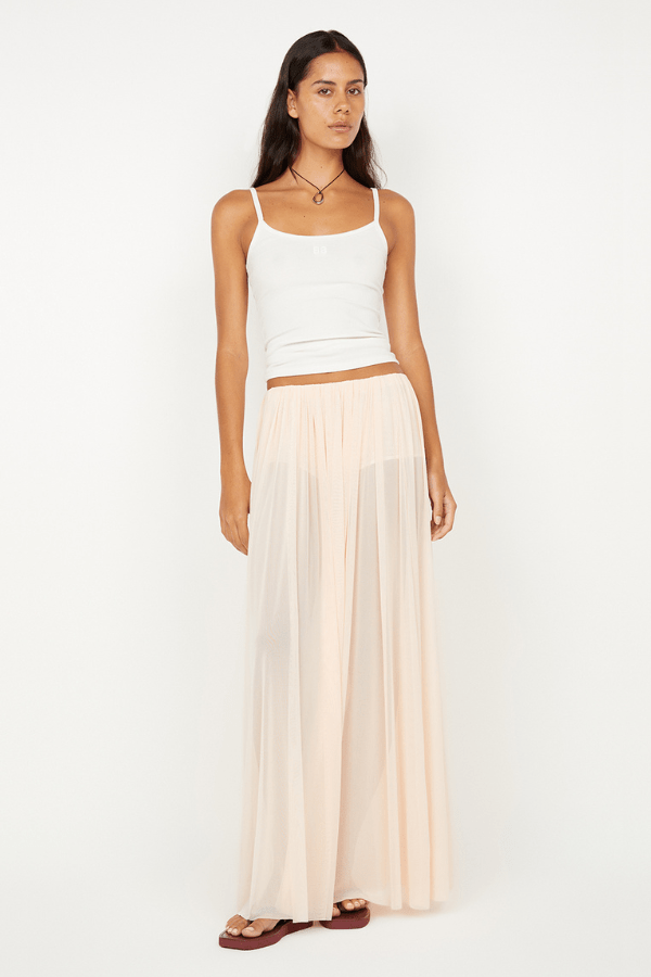 Camille Maxi Skirt by Bec + Bridge, a sheer mesh skirt in peach with gathered detailing and button-closure underwear for modern layered elegance.