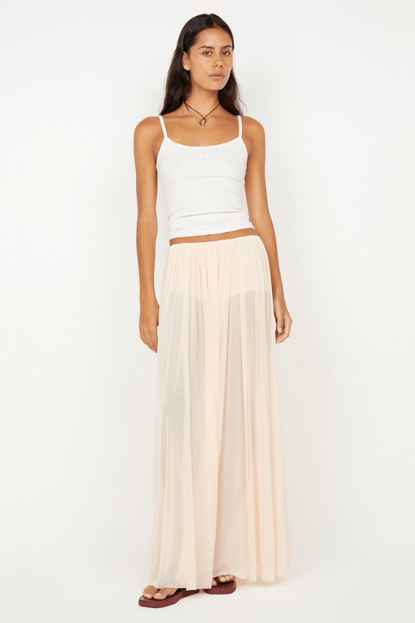 Camille Maxi Skirt by Bec + Bridge, a sheer mesh skirt in peach with gathered detailing and button-closure underwear for modern layered elegance.