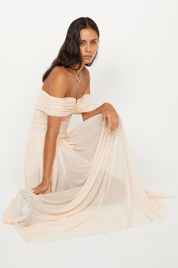 Camille Maxi Skirt by Bec + Bridge, a sheer mesh skirt in peach with gathered detailing and button-closure underwear for modern layered elegance.