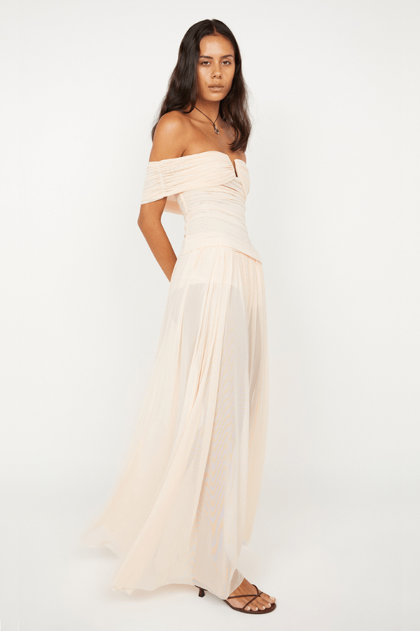 Camille Maxi Skirt by Bec + Bridge, a sheer mesh skirt in peach with gathered detailing and button-closure underwear for modern layered elegance.