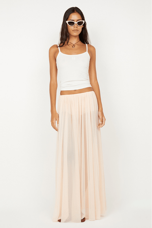 Camille Maxi Skirt by Bec + Bridge, a sheer mesh skirt in peach with gathered detailing and button-closure underwear for modern layered elegance.