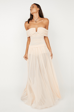 Camille Maxi Skirt by Bec + Bridge, a sheer mesh skirt in peach with gathered detailing and button-closure underwear for modern layered elegance.