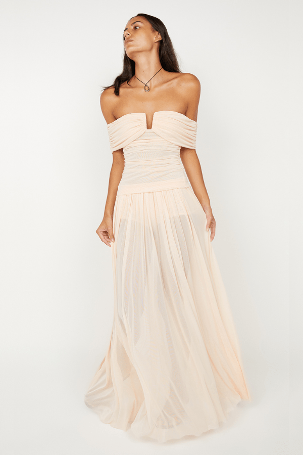 Camille Maxi Skirt by Bec + Bridge, a sheer mesh skirt in peach with gathered detailing and button-closure underwear for modern layered elegance.