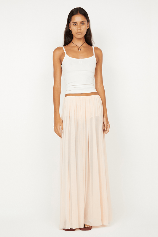 Camille Maxi Skirt by Bec + Bridge, a sheer mesh skirt in peach with gathered detailing and button-closure underwear for modern layered elegance.