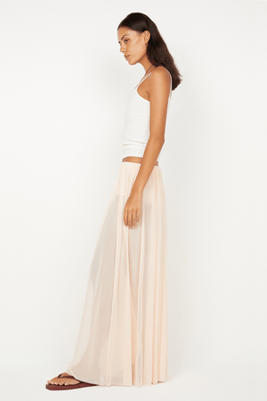 Camille Maxi Skirt by Bec + Bridge, a sheer mesh skirt in peach with gathered detailing and button-closure underwear for modern layered elegance.