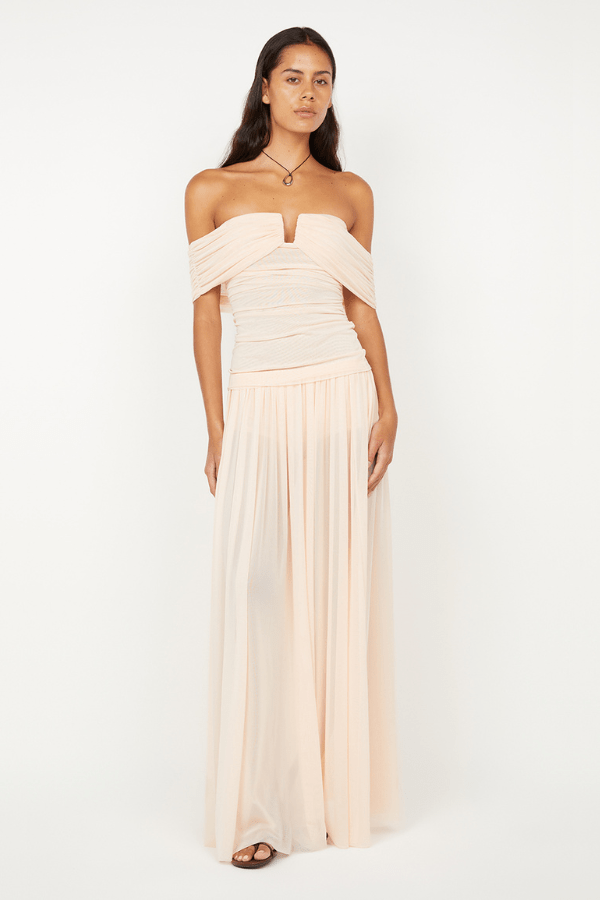 Camille Off Shoulder Top by Bec + Bridge, a sheer peach mesh top with an off-shoulder neckline and body-skimming fit for chic, feminine style.