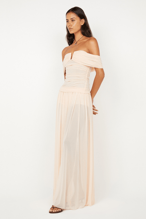 Camille Off Shoulder Top by Bec + Bridge, a sheer peach mesh top with an off-shoulder neckline and body-skimming fit for chic, feminine style.