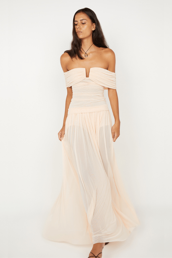 Camille Off Shoulder Top by Bec + Bridge, a sheer peach mesh top with an off-shoulder neckline and body-skimming fit for chic, feminine style.