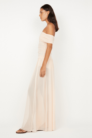 Camille Off Shoulder Top by Bec + Bridge, a sheer peach mesh top with an off-shoulder neckline and body-skimming fit for chic, feminine style.