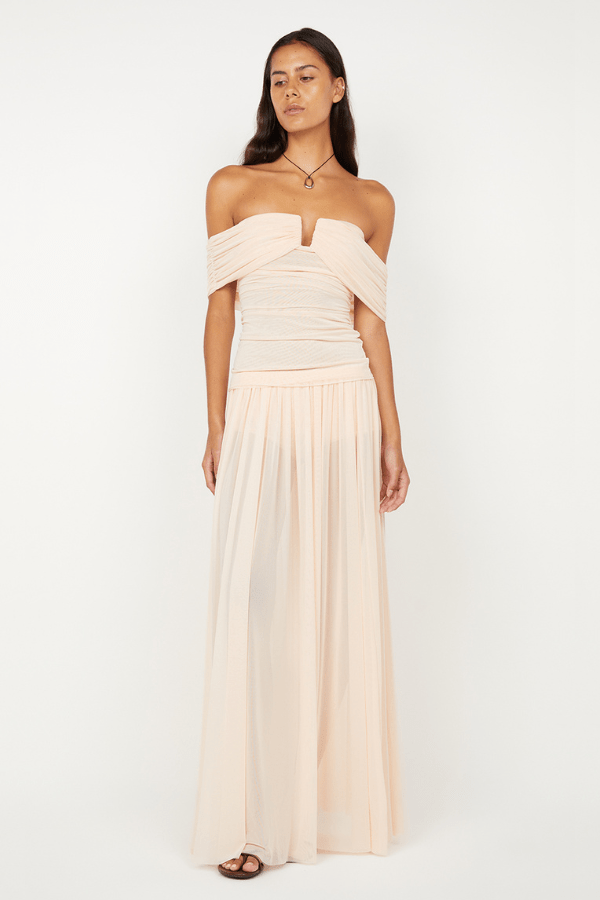 Camille Off Shoulder Top by Bec + Bridge, a sheer peach mesh top with an off-shoulder neckline and body-skimming fit for chic, feminine style.