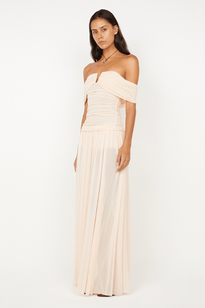 Camille Off Shoulder Top by Bec + Bridge, a sheer peach mesh top with an off-shoulder neckline and body-skimming fit for chic, feminine style.