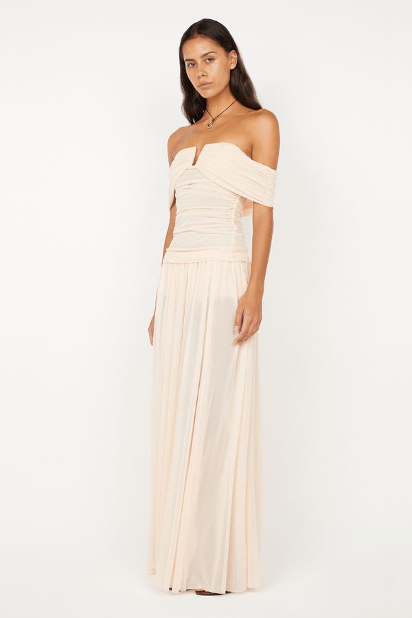 Camille Off Shoulder Top by Bec + Bridge, a sheer peach mesh top with an off-shoulder neckline and body-skimming fit for chic, feminine style.