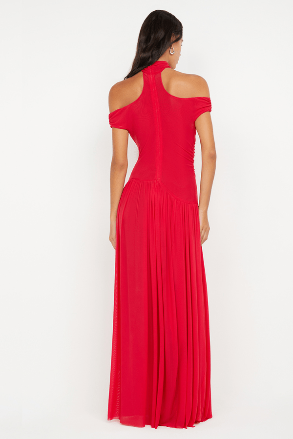 Deija Off Shoulder Maxi Dress Strawberry by Bec + Bridge – features an off-the-shoulder neckline with a structured neck band, gathers at side seams, asymmetrical drop waist, gathered maxi skirt, invisible zip closure, and raw hem.