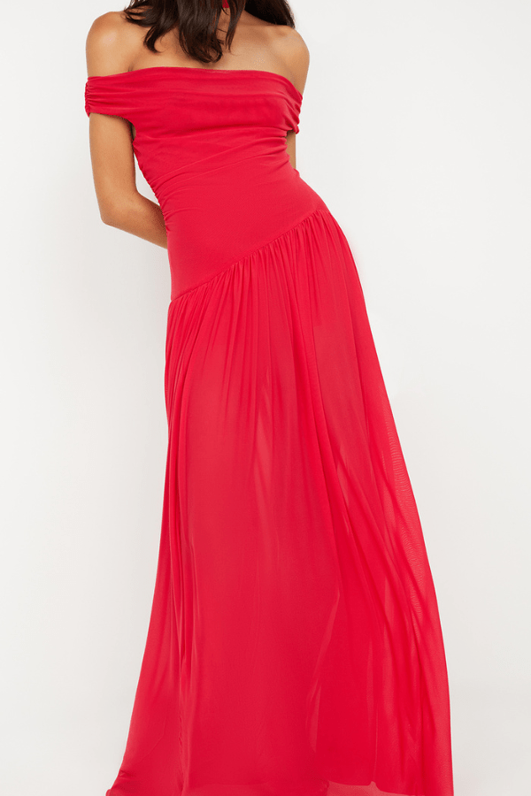 Deija Off Shoulder Maxi Dress Strawberry by Bec + Bridge – features an off-the-shoulder neckline with a structured neck band, gathers at side seams, asymmetrical drop waist, gathered maxi skirt, invisible zip closure, and raw hem.