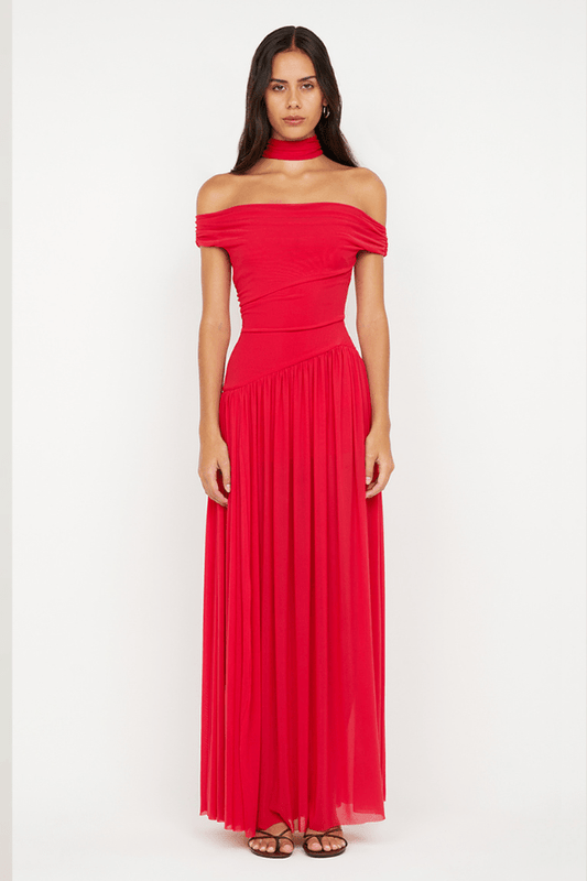 Deija Off Shoulder Maxi Dress Strawberry by Bec + Bridge – features an off-the-shoulder neckline with a structured neck band, gathers at side seams, asymmetrical drop waist, gathered maxi skirt, invisible zip closure, and raw hem.