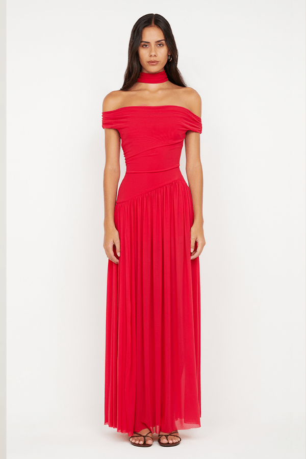 Deija Off Shoulder Maxi Dress Strawberry by Bec + Bridge – features an off-the-shoulder neckline with a structured neck band, gathers at side seams, asymmetrical drop waist, gathered maxi skirt, invisible zip closure, and raw hem.