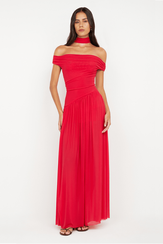 Deija Off Shoulder Maxi Dress Strawberry by Bec + Bridge – features an off-the-shoulder neckline with a structured neck band, gathers at side seams, asymmetrical drop waist, gathered maxi skirt, invisible zip closure, and raw hem.