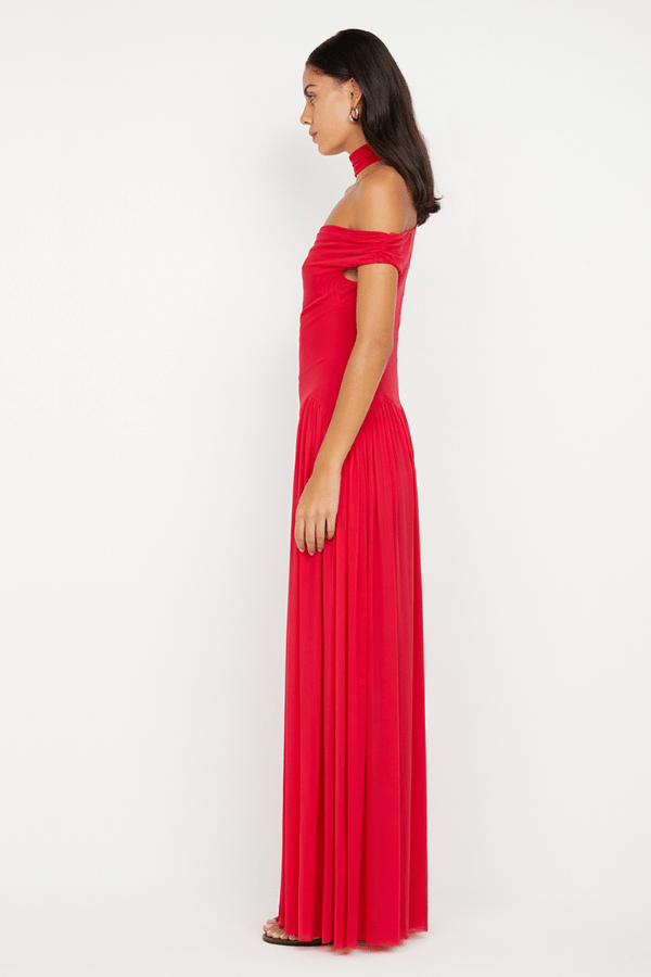Deija Off Shoulder Maxi Dress Strawberry by Bec + Bridge – features an off-the-shoulder neckline with a structured neck band, gathers at side seams, asymmetrical drop waist, gathered maxi skirt, invisible zip closure, and raw hem.