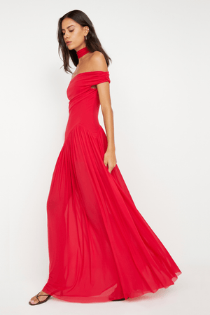 Deija Off Shoulder Maxi Dress Strawberry by Bec + Bridge – features an off-the-shoulder neckline with a structured neck band, gathers at side seams, asymmetrical drop waist, gathered maxi skirt, invisible zip closure, and raw hem.