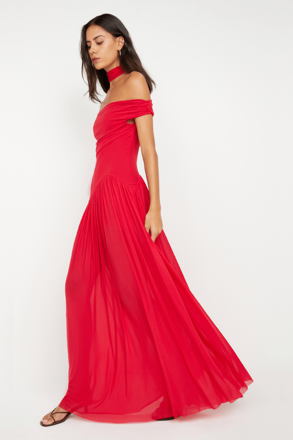 Deija Off Shoulder Maxi Dress Strawberry by Bec + Bridge – features an off-the-shoulder neckline with a structured neck band, gathers at side seams, asymmetrical drop waist, gathered maxi skirt, invisible zip closure, and raw hem.