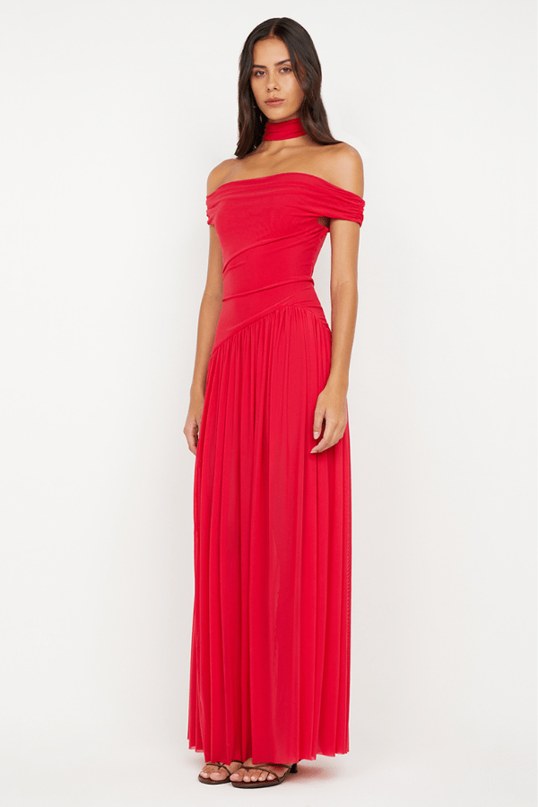 Deija Off Shoulder Maxi Dress Strawberry by Bec + Bridge – features an off-the-shoulder neckline with a structured neck band, gathers at side seams, asymmetrical drop waist, gathered maxi skirt, invisible zip closure, and raw hem.
