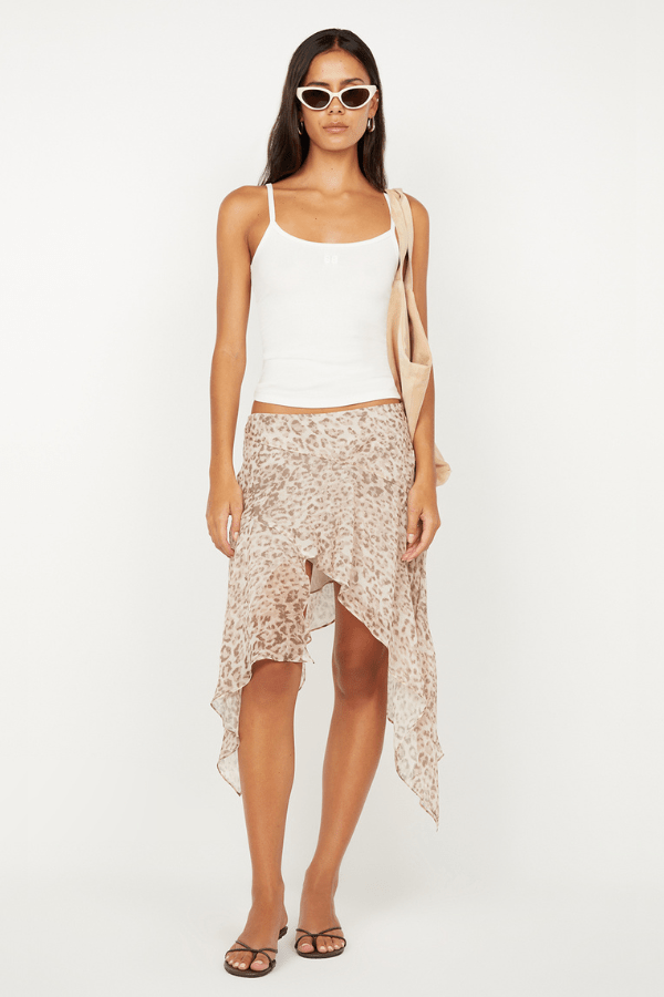 Feline Asym Skirt by Bec + Bridge, a leopard print georgette midi with an asymmetric hem and mid-to-low waist fit for modern elegance.