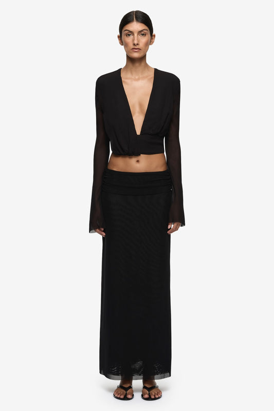 Bec + Bridge Isabella Long Sleeve Top Black, draped long sleeve top with plunge neckline and gathered waist detail, elegant evening top for elevated styling.