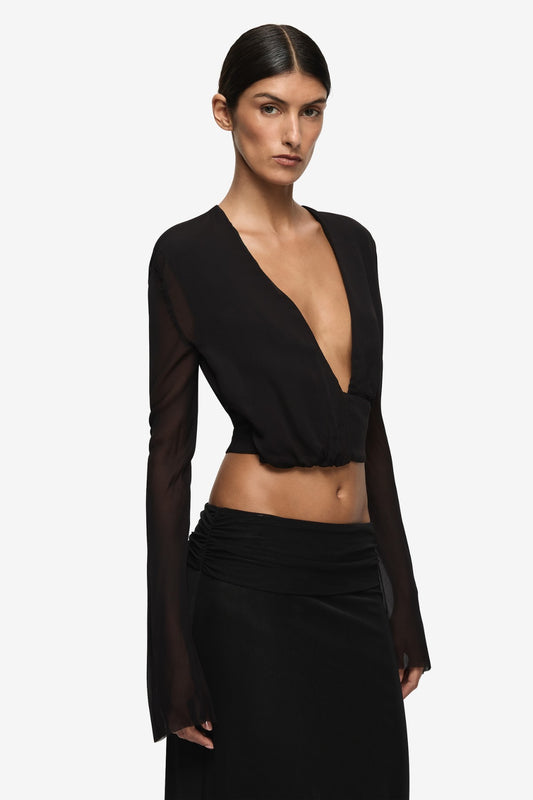 Bec + Bridge Isabella Long Sleeve Top Black, draped long sleeve top with plunge neckline and gathered waist detail, elegant evening top for elevated styling.