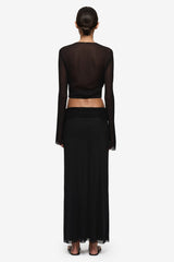Bec + Bridge Isabella Long Sleeve Top Black, draped long sleeve top with plunge neckline and gathered waist detail, elegant evening top for elevated styling.