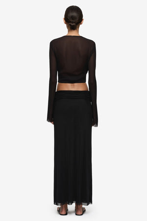 Bec + Bridge Isabella Long Sleeve Top Black, draped long sleeve top with plunge neckline and gathered waist detail, elegant evening top for elevated styling.