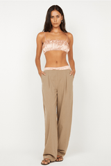 Jai Contrast Pant by Bec + Bridge, taupe wide-leg trouser featuring a contrast silk waistband, invisible back zip, and polished suiting finish.