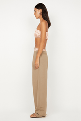 Jai Contrast Pant by Bec + Bridge, taupe wide-leg trouser featuring a contrast silk waistband, invisible back zip, and polished suiting finish.