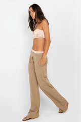 Jai Contrast Pant by Bec + Bridge, taupe wide-leg trouser featuring a contrast silk waistband, invisible back zip, and polished suiting finish.
