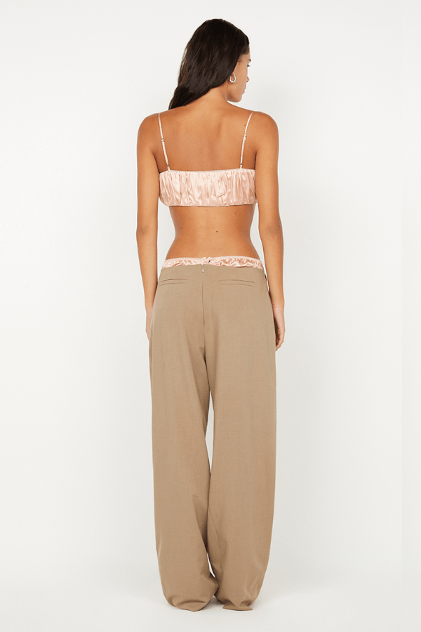 Jai Contrast Pant by Bec + Bridge, taupe wide-leg trouser featuring a contrast silk waistband, invisible back zip, and polished suiting finish.