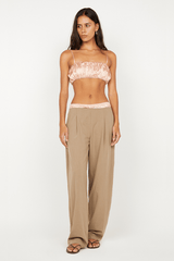 Jai Contrast Pant by Bec + Bridge, taupe wide-leg trouser featuring a contrast silk waistband, invisible back zip, and polished suiting finish.