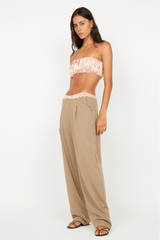 Jai Contrast Pant by Bec + Bridge, taupe wide-leg trouser featuring a contrast silk waistband, invisible back zip, and polished suiting finish.