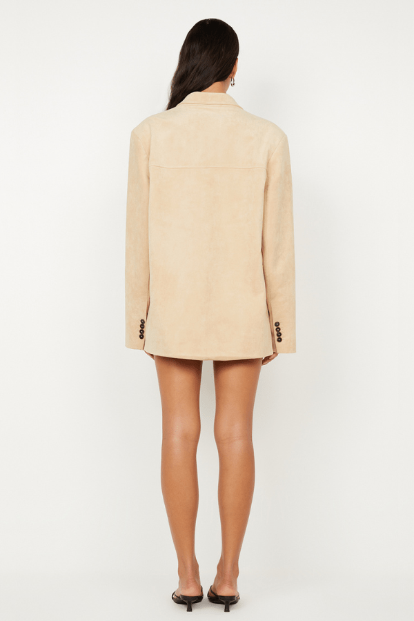 Lyon Jacket by Bec + Bridge, an oversized faux suede blazer in nougat with a single-breasted design and welt pockets for versatile styling.