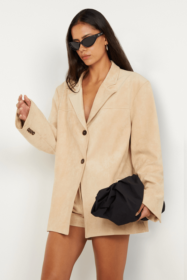 Lyon Jacket by Bec + Bridge, an oversized faux suede blazer in nougat with a single-breasted design and welt pockets for versatile styling.