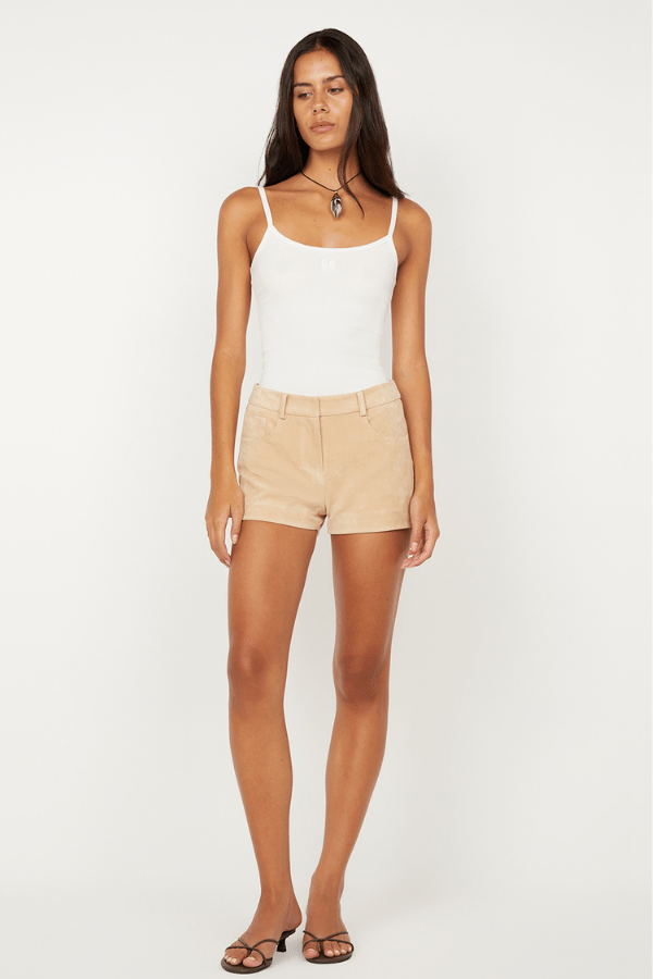 Lyon Mini Short by Bec + Bridge, a faux suede trouser-style short in nougat with belt loops and patch pockets for an elevated finish.