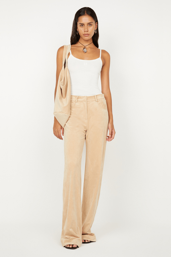 Lyon Pant Nougat by Effie Kats, vintage-inspired soft stretch mesh, high-neck full-length silhouette with open back and ruched bodice, dry clean only.