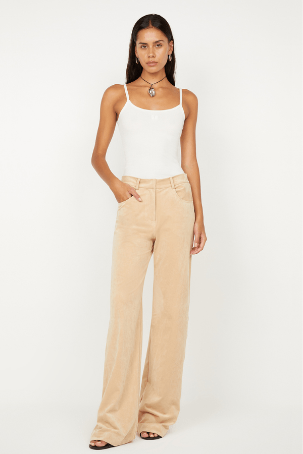 Lyon Pant Nougat by Effie Kats, vintage-inspired soft stretch mesh, high-neck full-length silhouette with open back and ruched bodice, dry clean only.