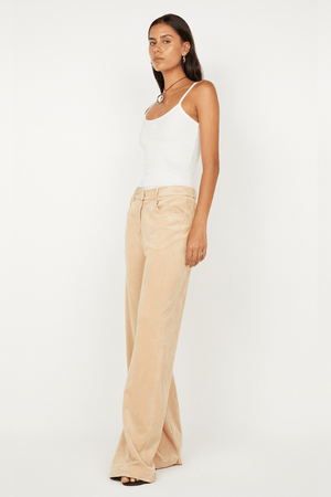Lyon Pant Nougat by Effie Kats, vintage-inspired soft stretch mesh, high-neck full-length silhouette with open back and ruched bodice, dry clean only.