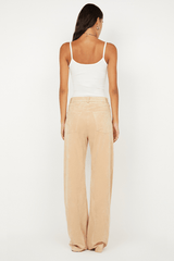 Lyon Pant Nougat by Effie Kats, vintage-inspired soft stretch mesh, high-neck full-length silhouette with open back and ruched bodice, dry clean only.
